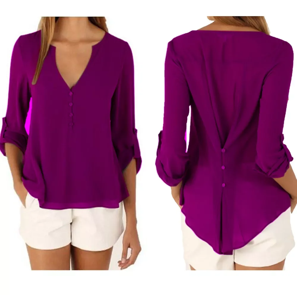 

2023NEW New Autumn Fashion Women Deep V-Neck Button Long Sleeve Ladies Tops Chiffon Shirts Solid Elegant Top Casual Blouse