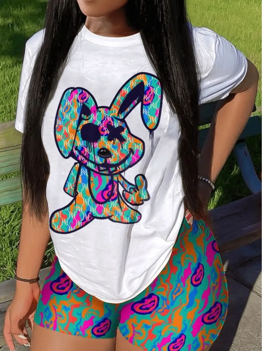 LW Plus Size 2pcs set Cartoon Print Shorts Set Summer Fashion Print Two Piece Set Women Casual Short Sleeve Tshirt Shorts Two se