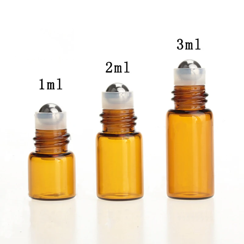 

1ml 2ml 3ml Mini Amber Glass Roll On Bottle Essential Oil Roller Glass Bottles with SS Metal Ball Free Shipping