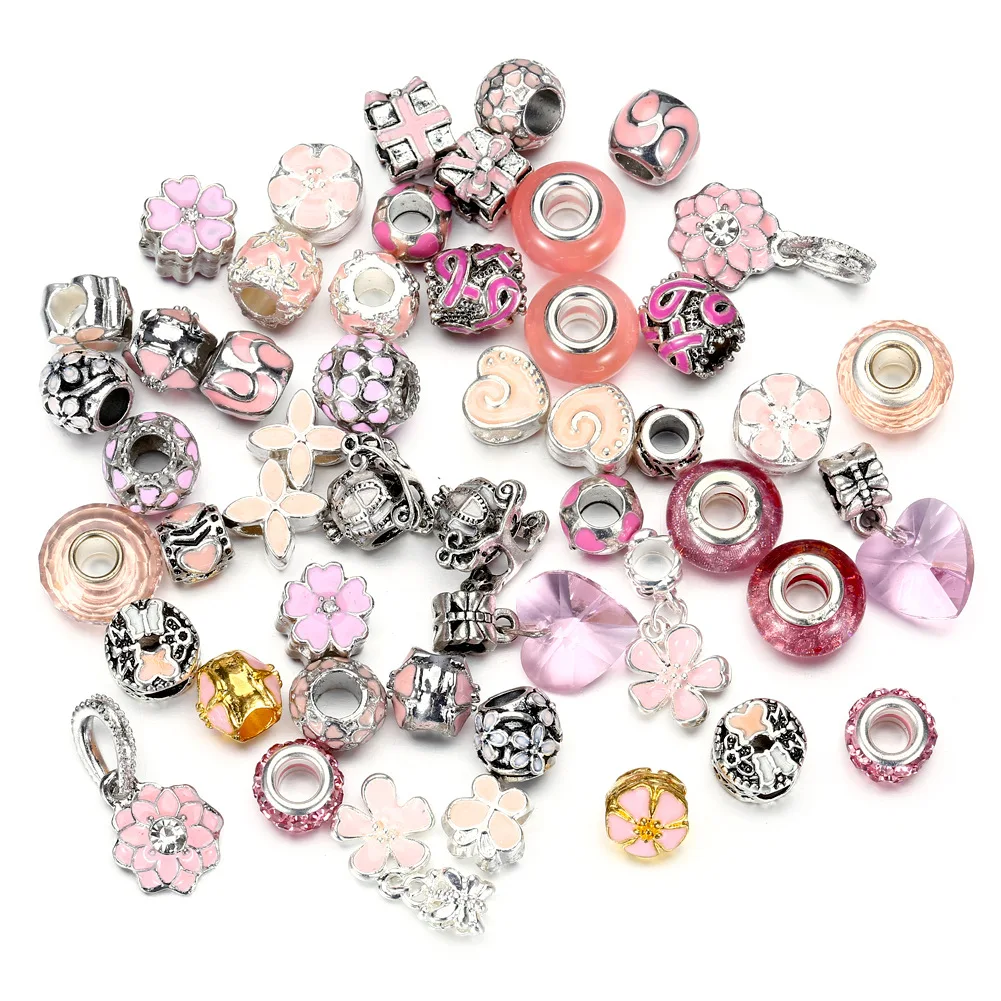 

Mixed 50PCS/LOT Alloy Charms Beads Fit Brand European Bracelets Necklace For Women Jewelry DIY Making Spacer Loose beads Finding