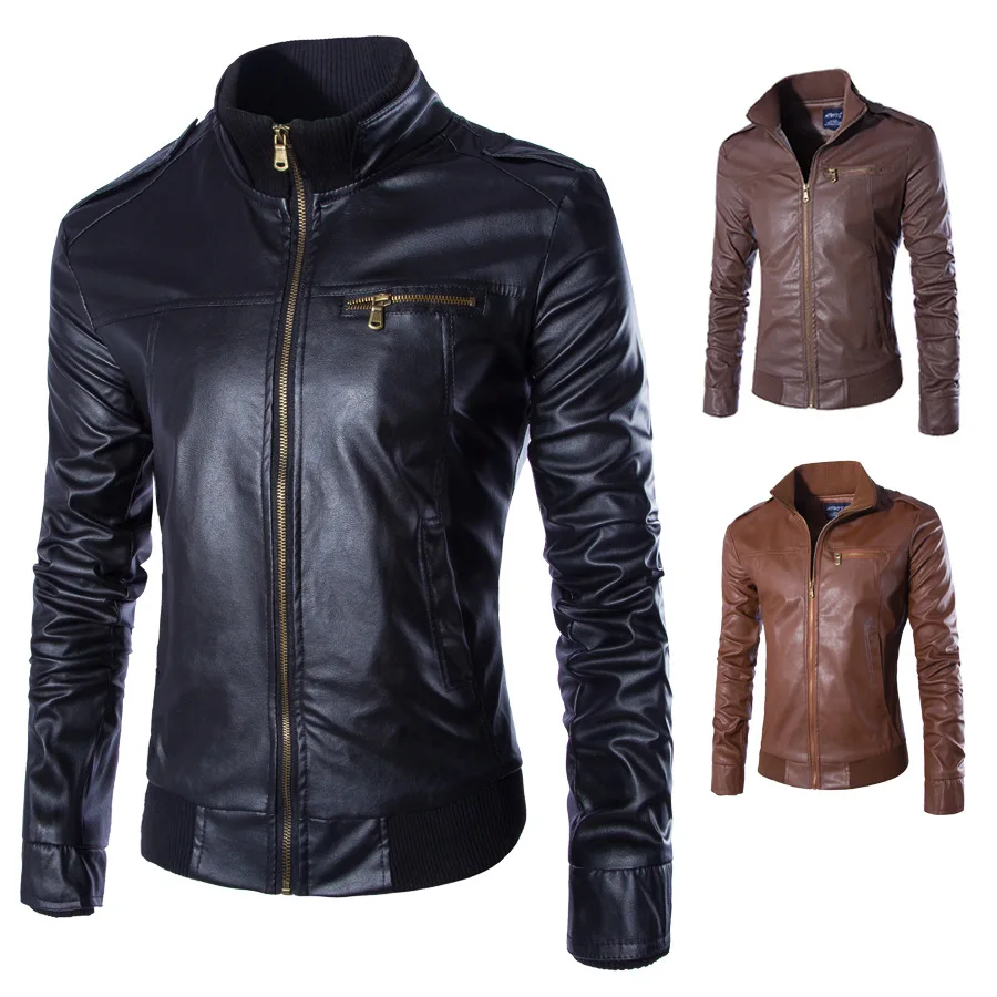 

Men's Locomotive Collar Zipper Short Leather Coat Jacket Top Spring Autumn New Slim Jacket Men's Artificial Leather Jacket Coat