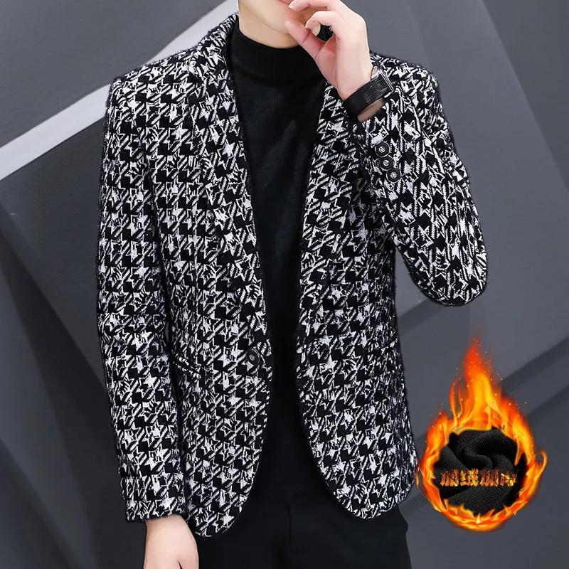 HOO 2022 Men's Autumn and Winter Casual Plaid Thick Suit New Korean Style Trendy Fleece-Lined Fashion blazer | Мужская одежда