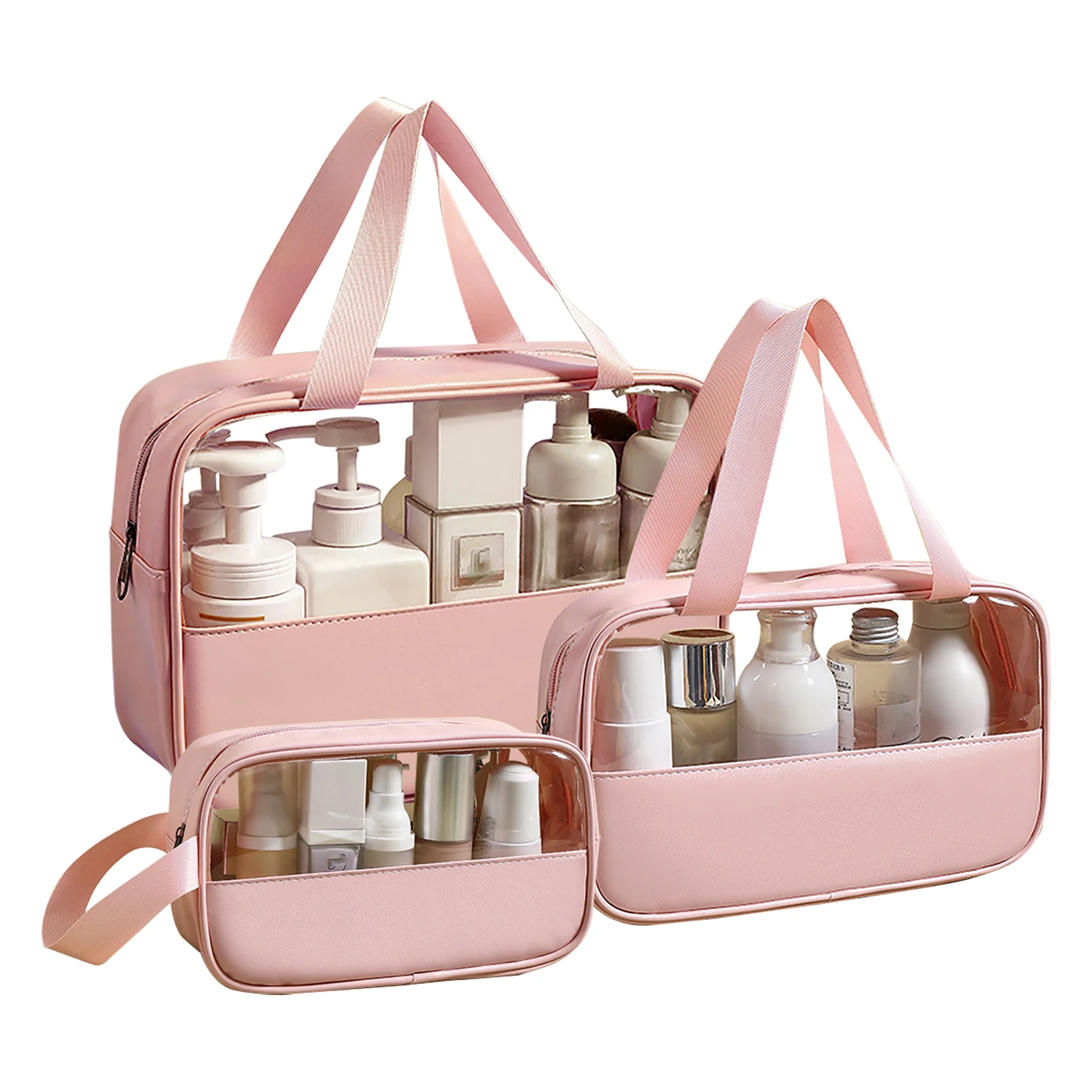 

3pcs Durable Visible Waterproof Sorting Storage Unisex PVC Makeup Organizers With Handle Large Capacity Travel Cosmetic Bag