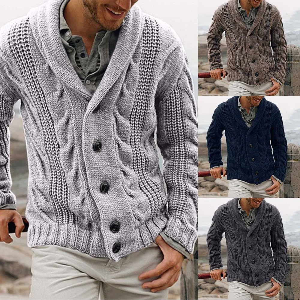 

Mens Winter Sweatercoat Autumn Solid Color Knitted Jumper Sweater Buttons Suit Chunky Collar Cardigan Warm Jacket Male Coat S~XL