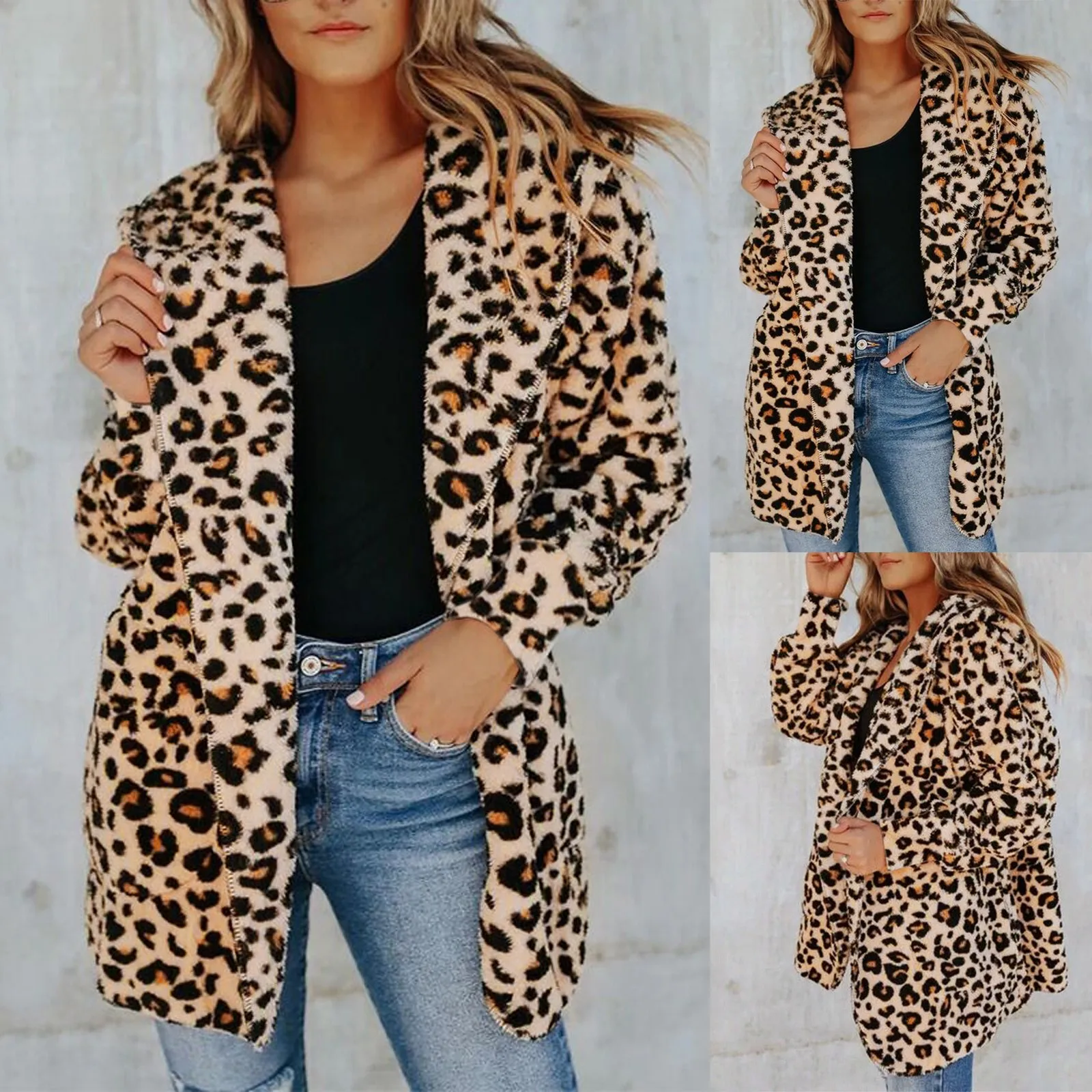 Fashion Women's Leopard Faux- Fuzzy Warm Winter Oversized Outwear Long Coat Knit Open Front Sweater Lace Cardigan