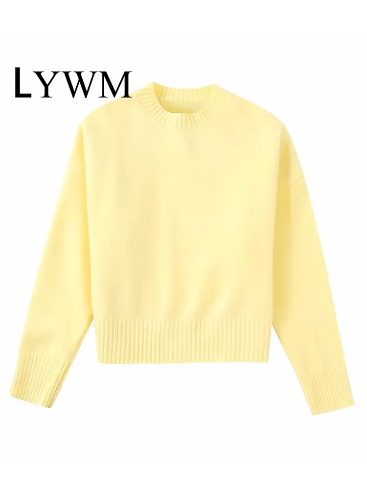 

Модный женский однотонный вязаный пуловер LYWM, свитер, винтажные женские шикарные топы с круглым вырезом и длинными рукавами
