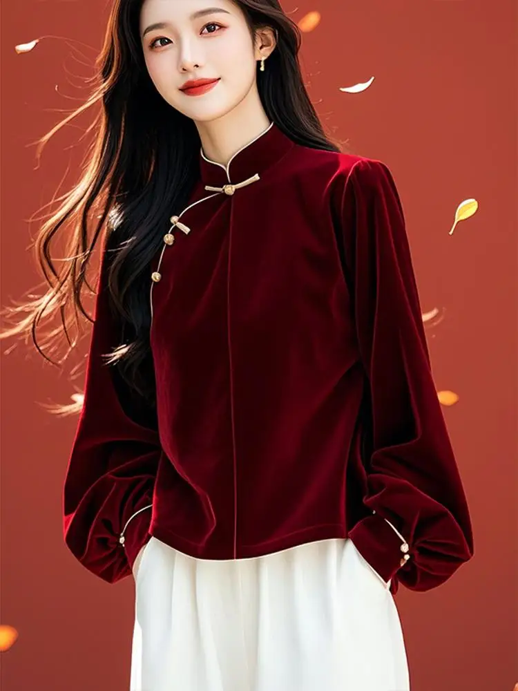 Women clothes Beautiful Shirt Shirts Top Counter Velvet New Chinese Sle Autumn and Winter 24 National Long ...
