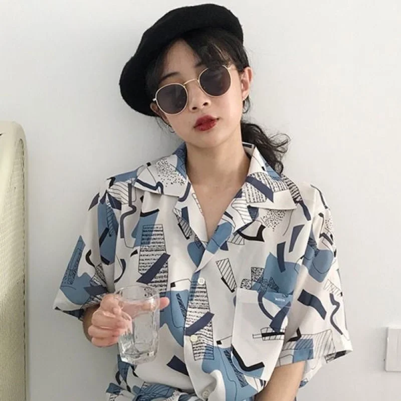 Women Chic Vintage Printed Shirt New Summer Ladies Streetwear Short Sleeve Pocket Blouse Y2k Clothes Blusas Mujer De Moda 2022