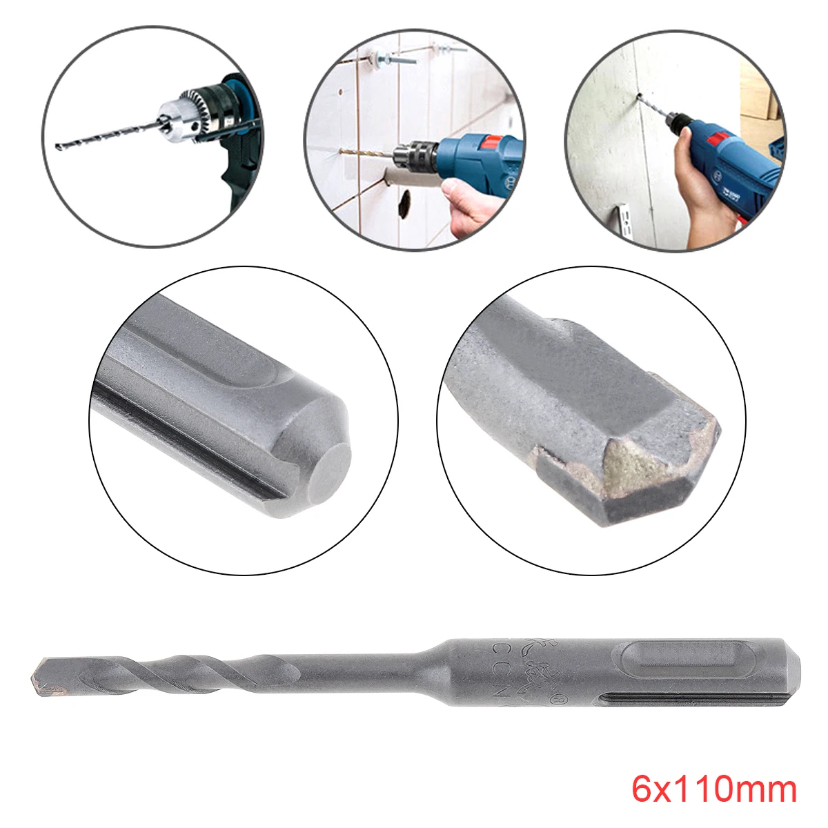 6x110mm Drill Bits Set Round Shank Rotary Hammer Drill Bit Concrete Masonary Drill Bit for Electric Drills / Drilling Machines
