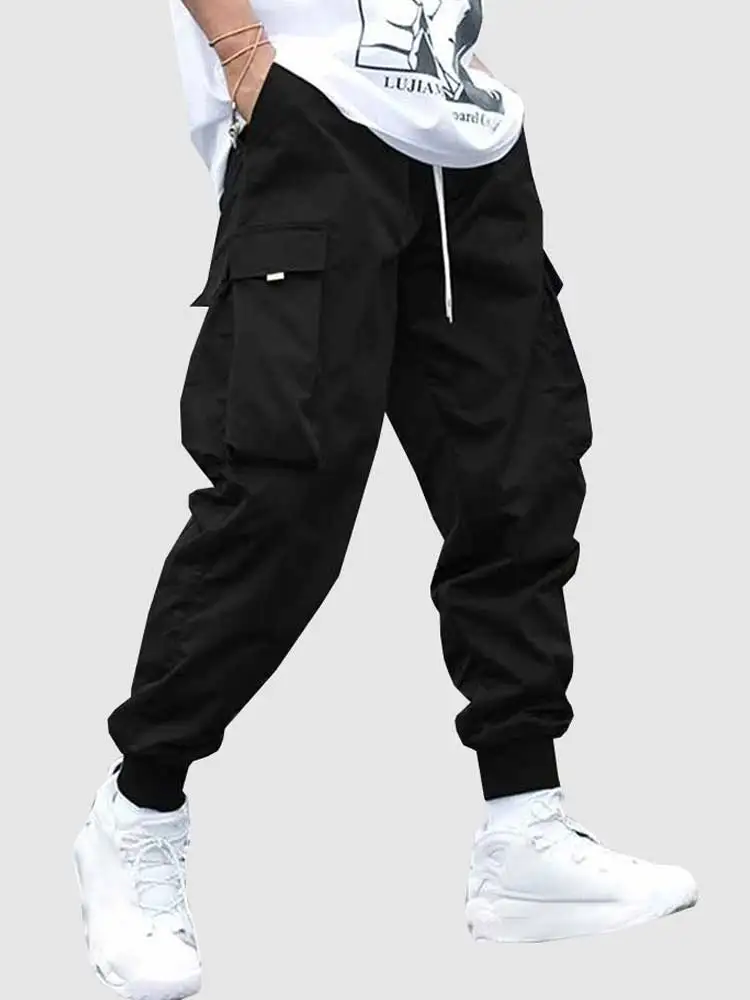

ZAFUL Men's Cargo Pant Solid Mid-waist Elastic Tooling Trousers Techwear Sweatpants with Flap Pocket Drawstring Beam Feet Pants