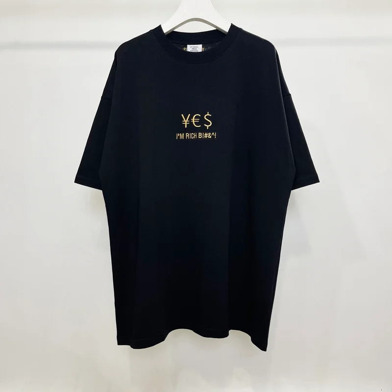 

Black VETEMENTS Men's T-shirts Oversize Cotton 1:1 High Quality VTM Embroidered Coin Symbol Short Sleeve