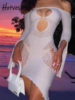 hotvestita 2022 summer sexy see through mini dress 34 sleeve stretchy mesh hollow out bodycon asymmetrical party club dresses