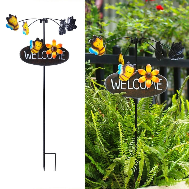 X7AB Metal Welcome Sign Bird Butterfly Flower Wind Spinner Windmill Stake for Home Outdoor Garden Yard Decoration Housewarming