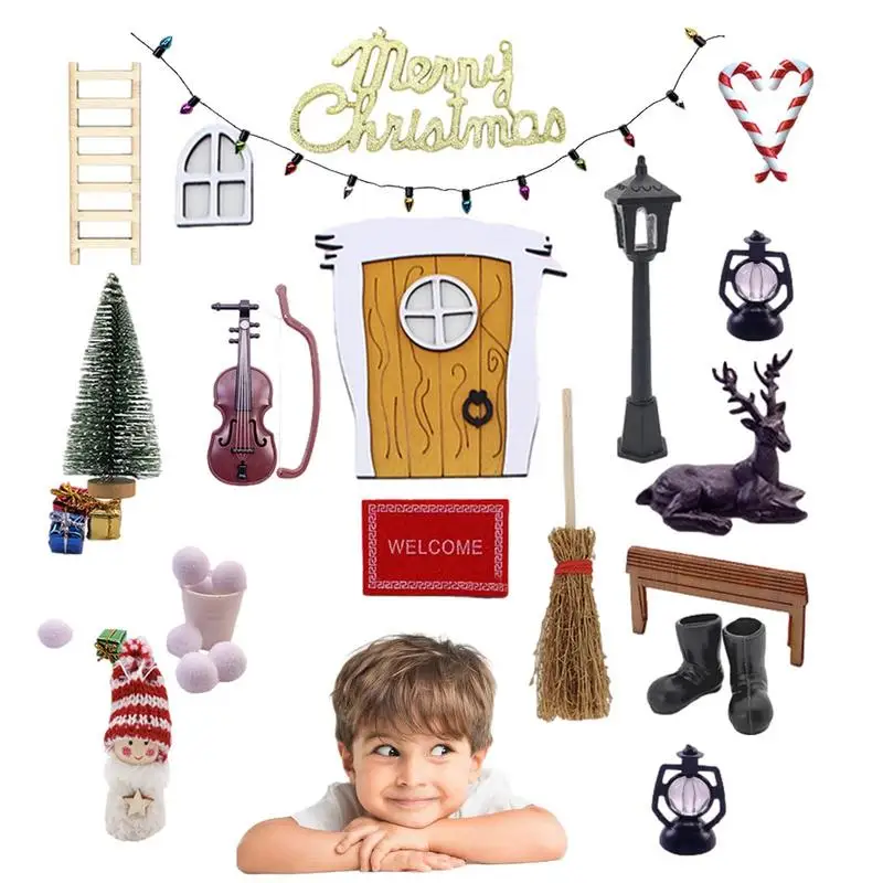

Christmas Miniature Door Wooden Miniature Fairy Garden Kit Handpainted Elf Doors With Fairy House Accessories For Trees Desk