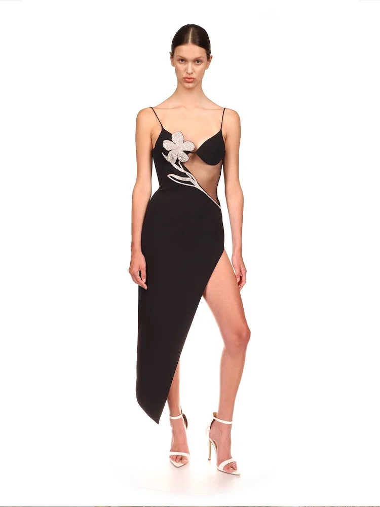 Kleezy 2022 New  Women's Sexy V Neck Spaghetti Strap Backless Diamonds Flower Midi Bandage Dress Elegant Party Club Dresses