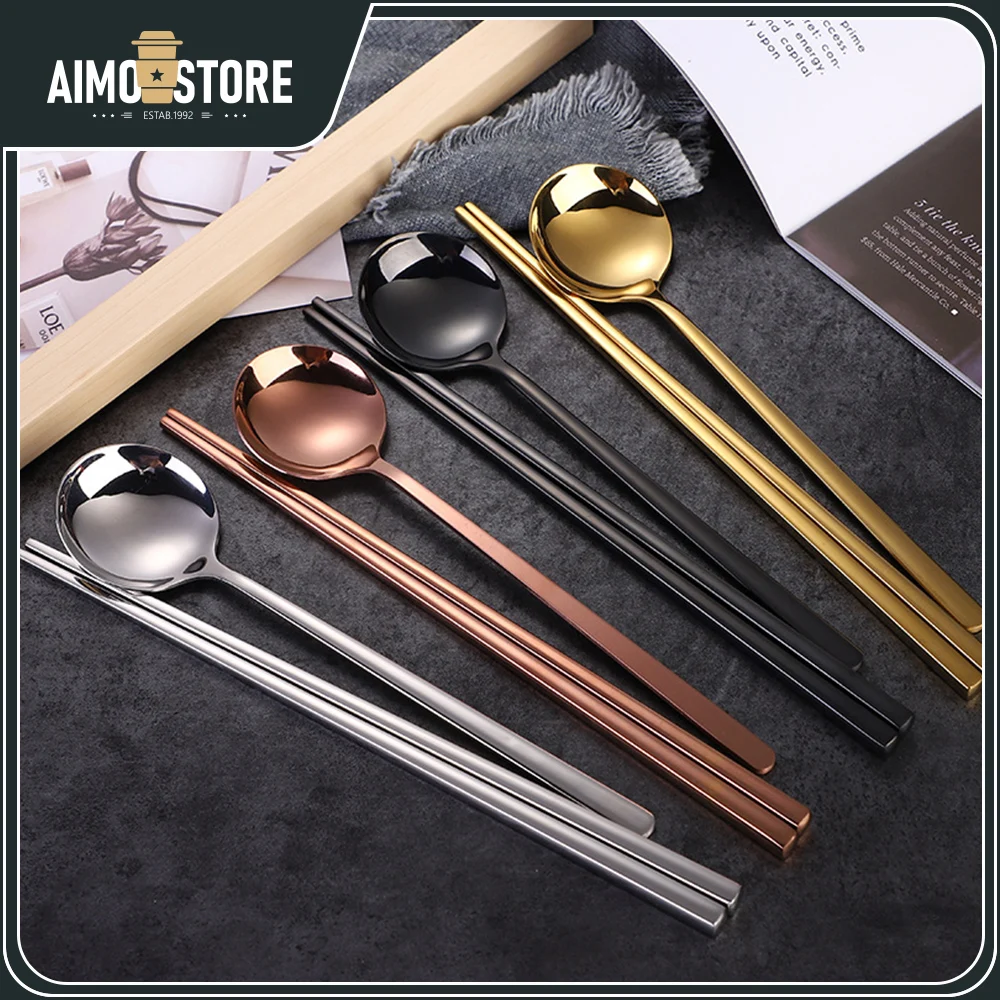 

AIMO 2pcs Korean Tableware Round Spoon Chopsticks Set 304 Stainless Steel Titanium Plated Tableware Gold/Black/Rose Gold/Silver
