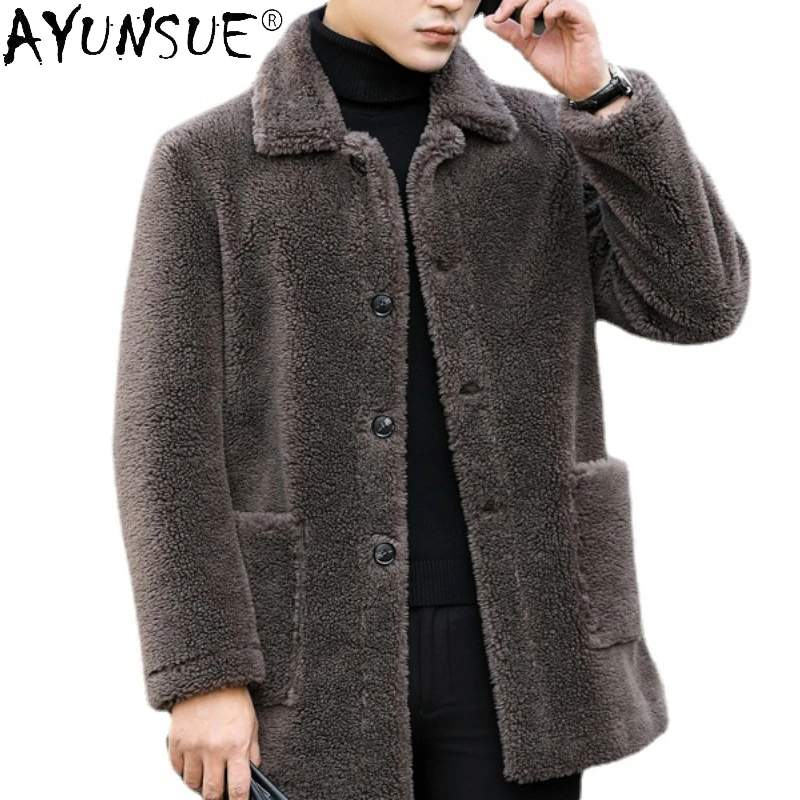 

AYUNSUE Granulated Sheep Shearling Coat Men Winter Mid-length Lamb Fur Coat Fur All-in-one Fur Jacket Casaco De Pele Masculino F