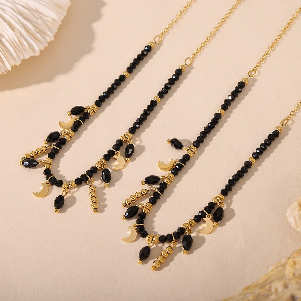 Noble Black Crystal Stainless Steel Necklace for Women Gold Plated Tassel Pendant Luxury Charm Chain Jewelry Gift |