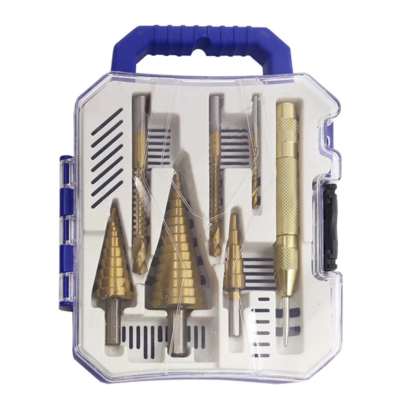 

AT14 7Pcs HSS Step Drill Bit Sets Straight Groove Titanium Coated Cone Hole Automatic Center Punch Twist Saw Drill Bit