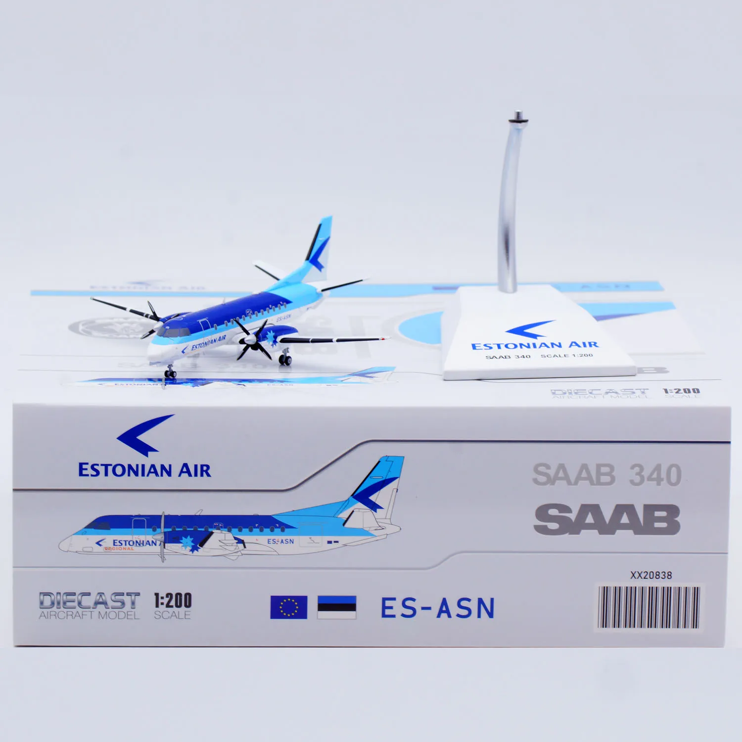 Фото Коллекционная модель самолета из сплава XX20838 JC Wings 1:200 Estonian Air Saab 340, литая под давлением, с подставкой (ES-ASN) №1
