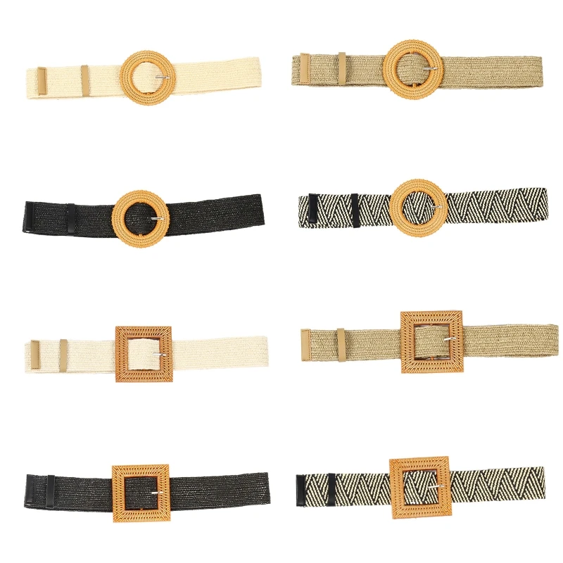

Adjustable Buckle Waist Belt Women Elastic Belt Plastic Weave Braided Belt Wide Waistband Plastic Straw Vintage Bohemian