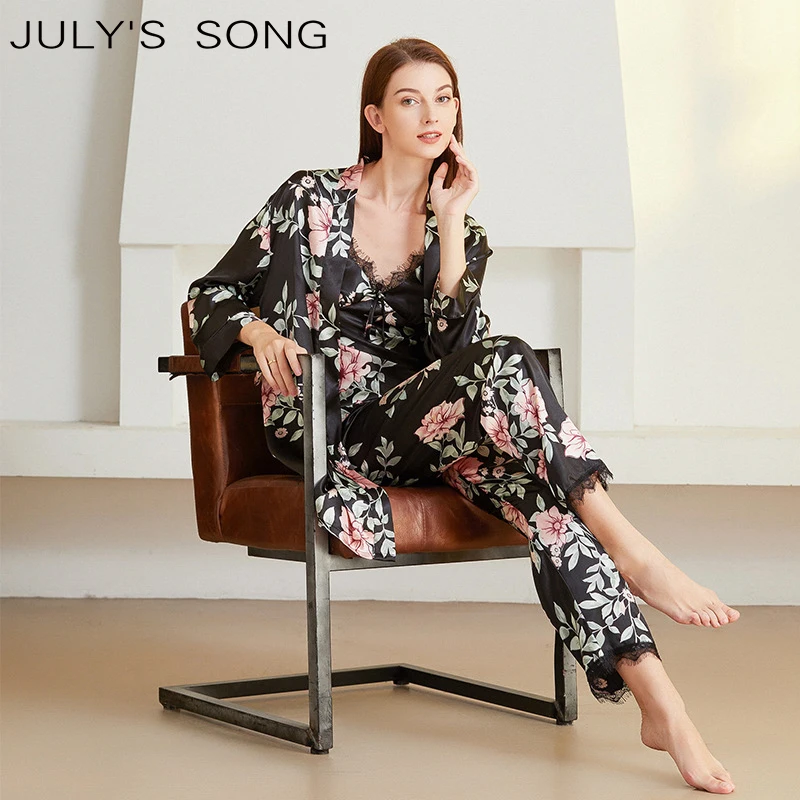

JULY'S SONG Black Printing Women Sleepwear 3Pcs Long Sleeve Trousers Pajamas Set Faux Silk Casual Nightwear Spring Sling Pyjamas