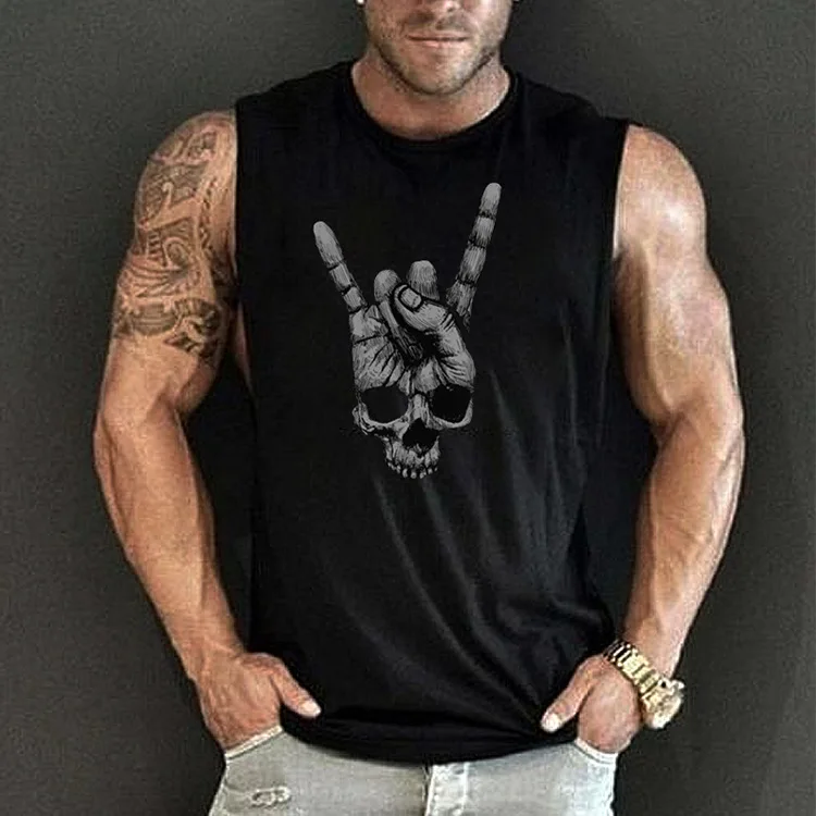 

Outdoor high street tide brand vest men's loose large size trend personality skull hand print sleeveless t-shirt