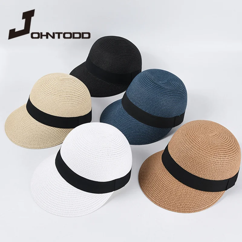 

2021 New Summer Women Solid Color Straw Hat with Black Checkered Ribbon Fashion Sun Hats Outdoor Casual Baseball Cap Sunscreen