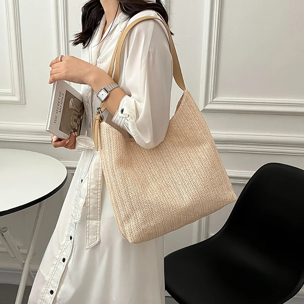 

Fashion Straw Women Tote Bag Summer Large-capacity Handwoven Beach Holiday Handbags Simple Weave Shoulder Top-Handle Bags
