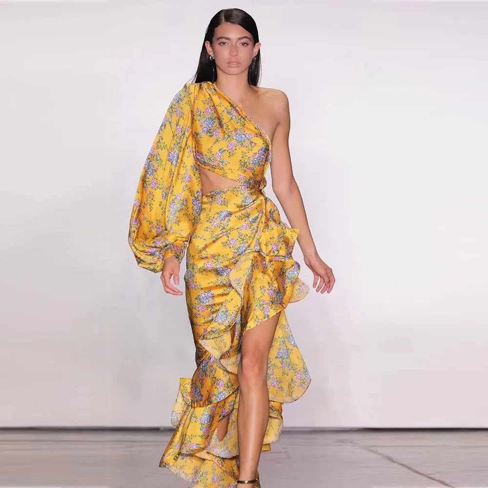 

Dress Slanted Shoulder Floral Irregular Ruffle Dress Women's European and American Fashion Sexy Slim Fit Hip Skirt