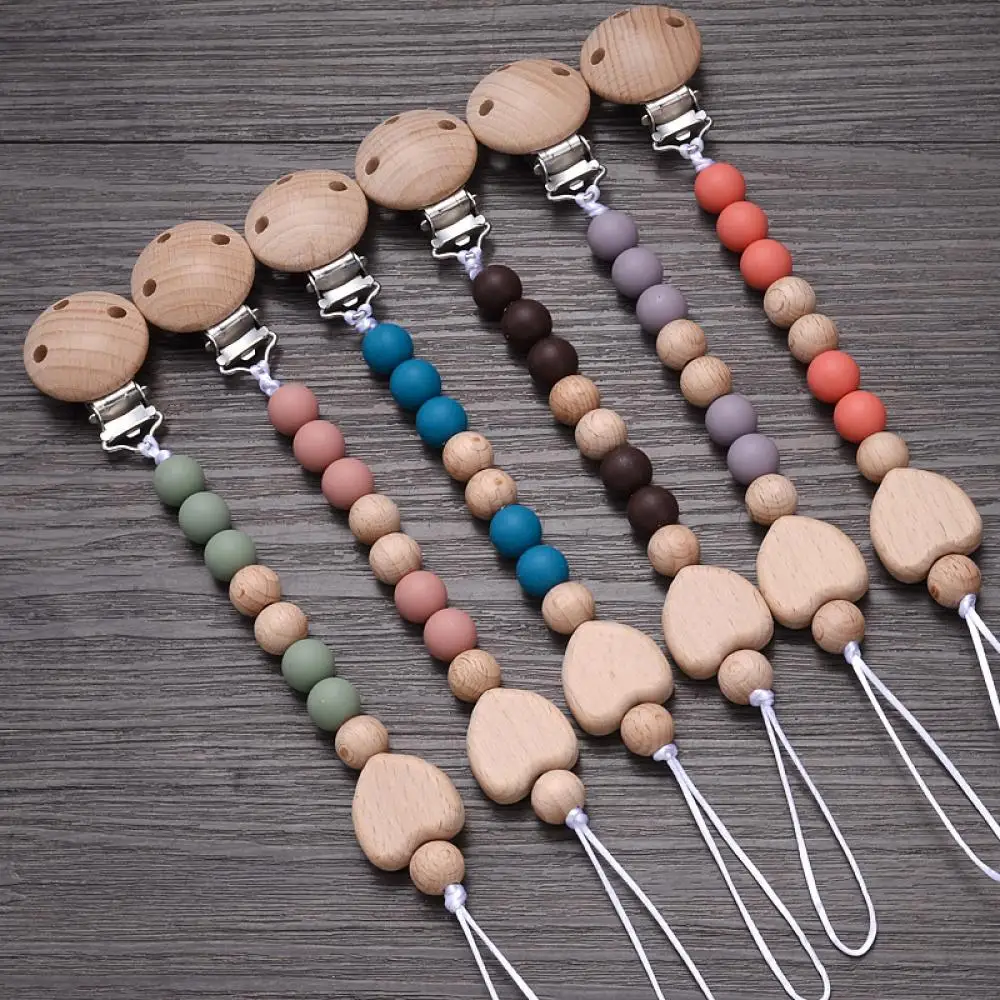 

Anti-Drop Beech Wood Baby Dummy Holder Clips Food Grade Silicone Teething Chew Toy Gift Infant Soother Nipple Chain BPA Free