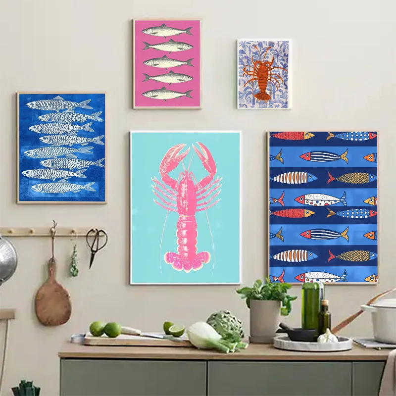 Красочные сардины Лобстер рыба вкусная еда настенный постер в стиле ретро