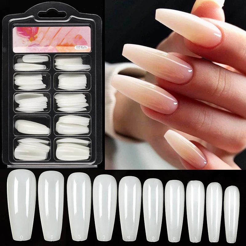 

100pcs/box Natural Transparent Seamless False Nails Full Coverage Fake Nail Tips Coffin Almond For Nail Extension Manicures Tool