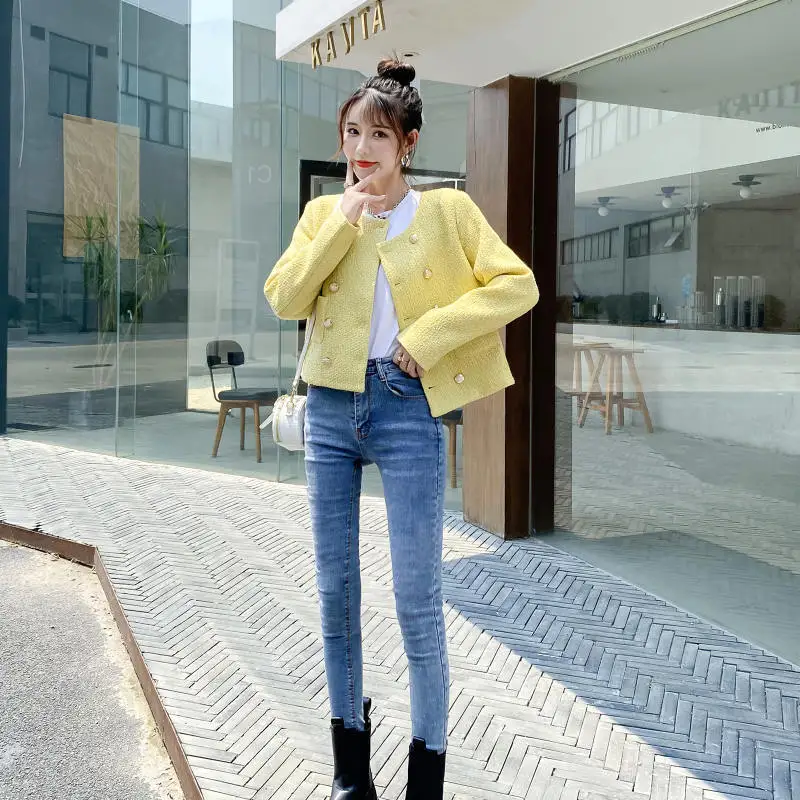 

Spring Autumn Korean Women's Double Breasted Brand Luxury Tweed Jacket Yellow Elegant Pocket Design Coat Top Casaco Outwear E135