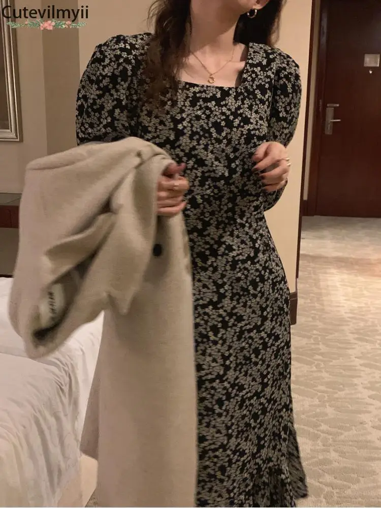 

Женское облегающее платье-труба, элегантное черное винтажное платье макси в Корейском стиле с квадратным вырезом, длинное платье в стиле ретро, 2023