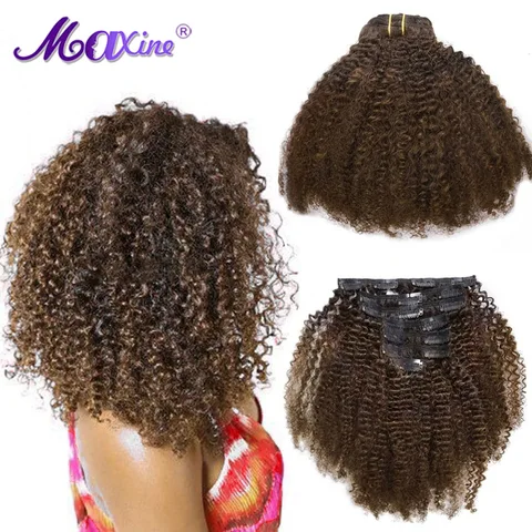 Коричневые цветные вьющиеся накладные волосы на клипсе, афро вьющиеся человеческие натуральные накладные волосы на клипсе, вьющиеся накладные волосы, человеческие волосы