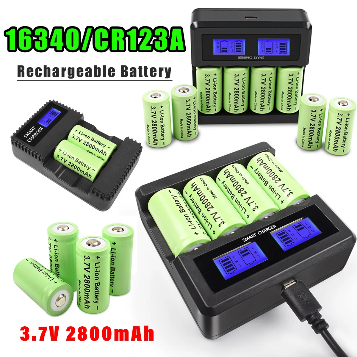 

Powtree 16P 2800mAh Rechargeable 3.7V Li-ion 16340 Batteries CR123A RCR 123 ICR Battery for LED Flashlight Travel Wall Charger