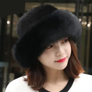 1PC Winter Women's Faux Rabbit Fur Beanies Hats Lady Warm Skullies Caps with Faux Fox Fur Brim Earmuffs Apparel Accessories 5