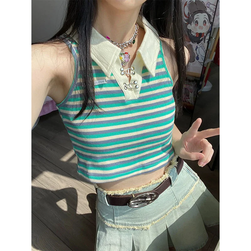 

Women Summer Polo Neck Knit T-shirt Y2k Contrast Stripe Suspended Tank Top Girl Korean Fashion Sleeveless Slim Tees Clothes 2023