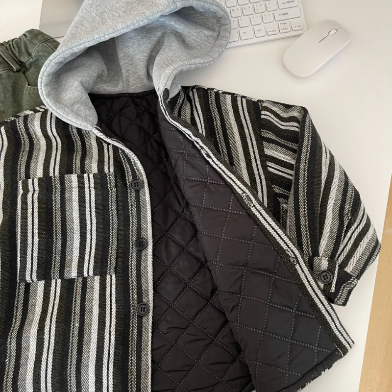 Korean Winter Boys cotton-padded Hooded Coats Kids Thick Warm Vertical stripe Outerwear