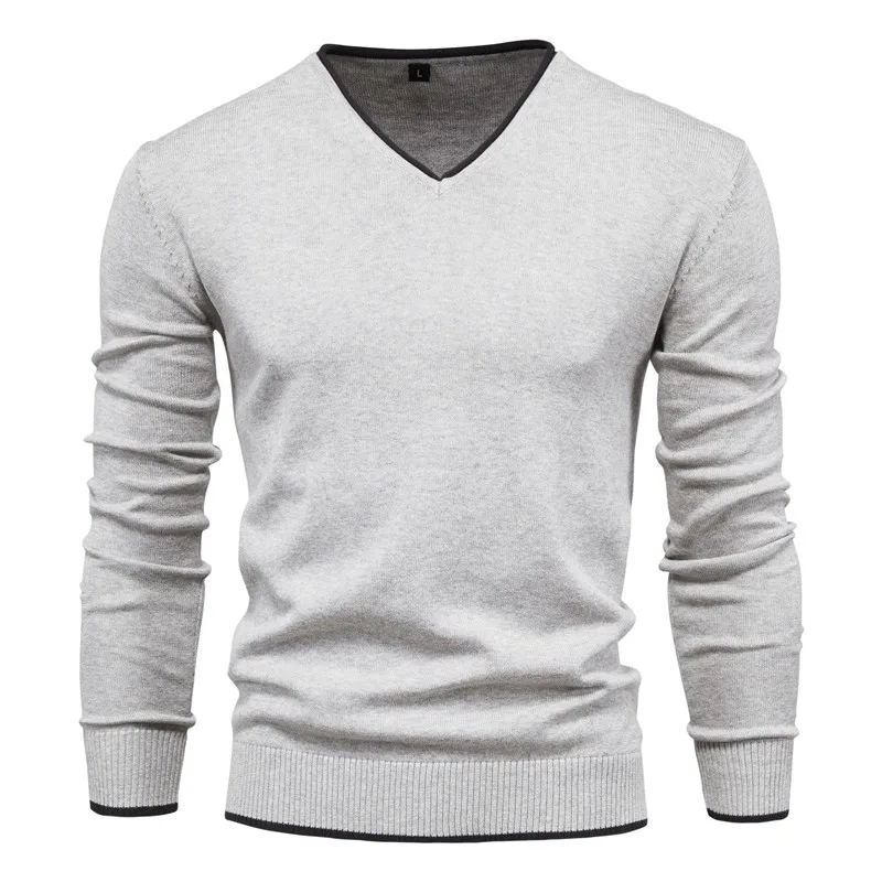 Men Knitwear Cotton Tops Solid Color Sweaters V-neck Men's Sweater Fashion Casual Slim Fit Tops 2021 Winter New Cotton Pullover