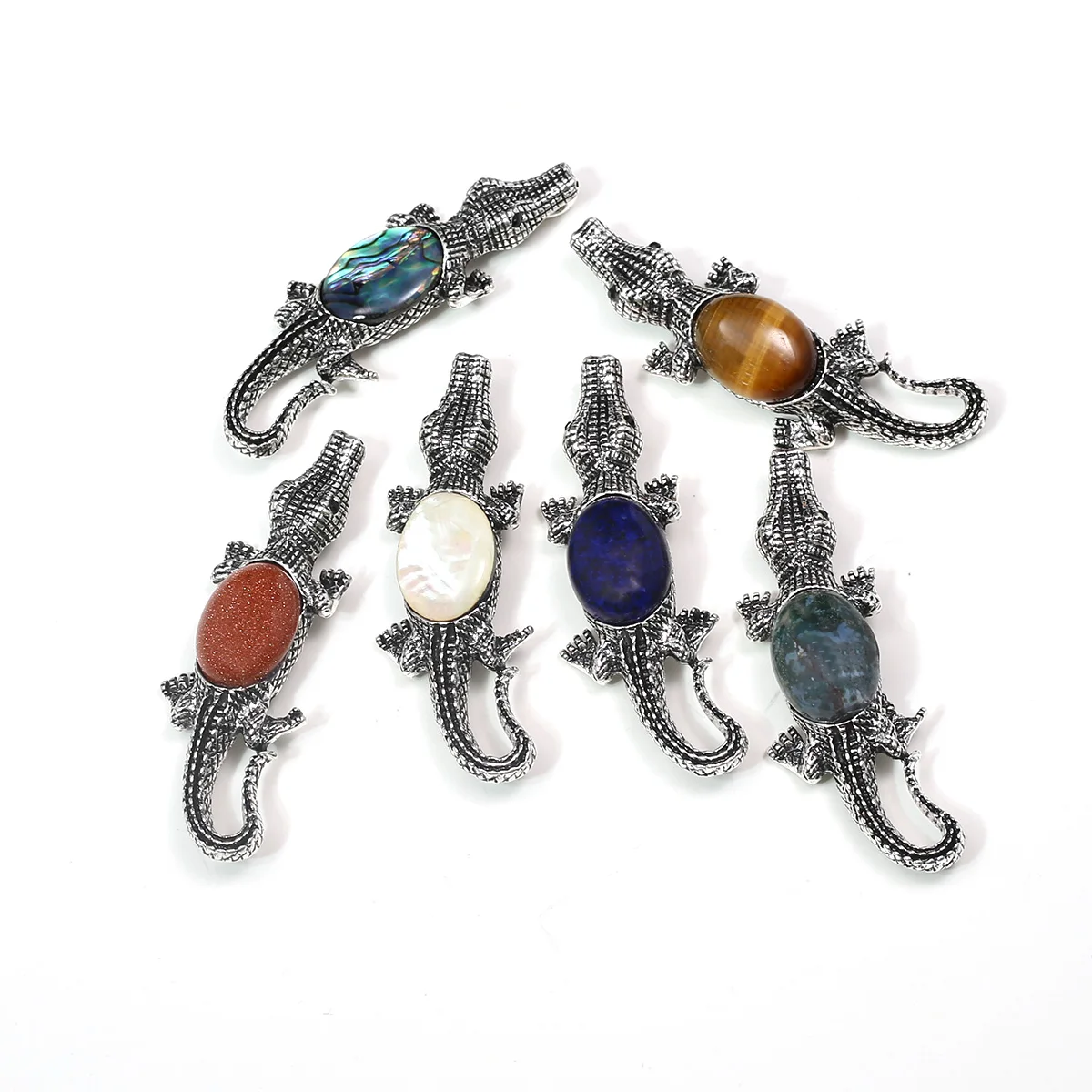 

Natural Stone Shell Metal Alloy Animal Crocodile Pendant Brooch Dual-use Agate Jade Charm Jewelry for DIY Women Necklace Gift