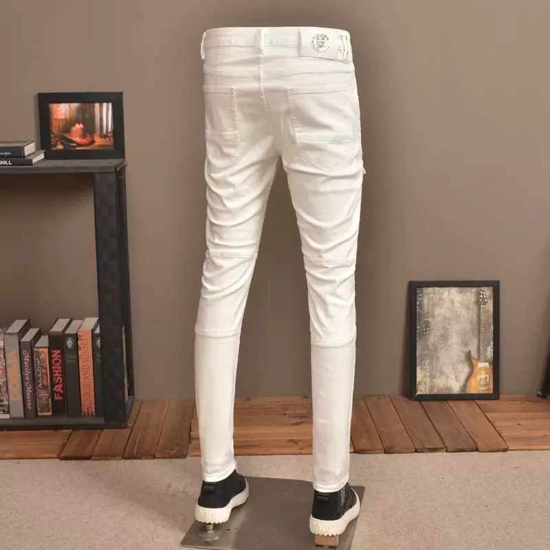 Street Fashion Men Jeans White Elastic Skinny Fit Spliced Biker Jeans Homme Pockets Designer Hip Hop Pants Men Stretch Trousers