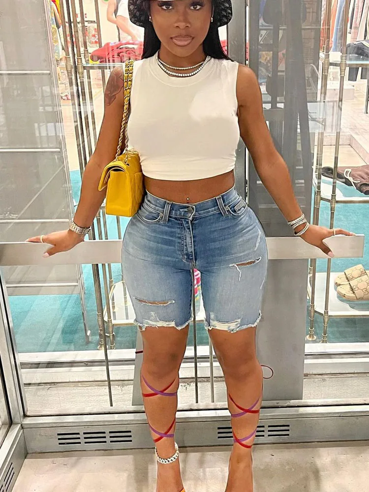 

2022 New Summer Casual Women's Denim Shorts Tight Streetwear Ripped Jeans Vintage Classic Fashion Blue Retro Jeans Feminino