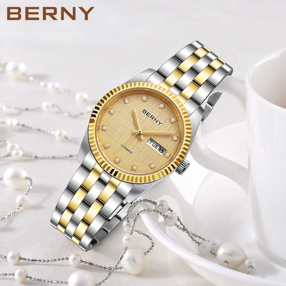 BERNY Women's Mechanical Watch Automatic Winding Luxury Golden Lady Sapphire Glass Waterproof Business Watches Montre Femme