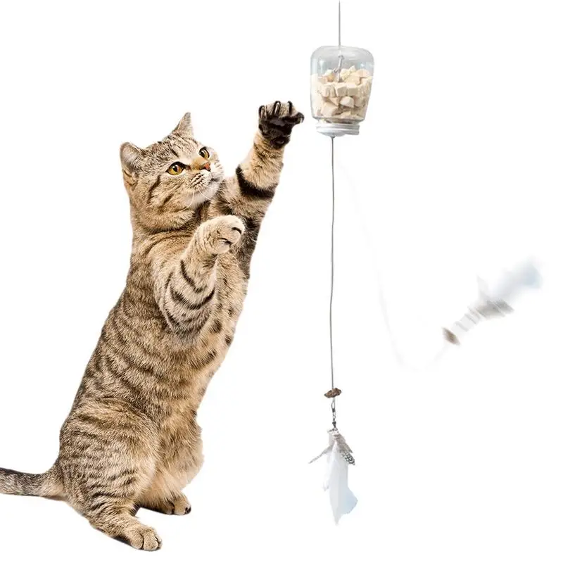 

Cat Feeder Toy Bell Hanging Door Scratch Rope Stick Portable Food Feeder Dispenser Toy Interactive Cats Leak Food Feather Bottle