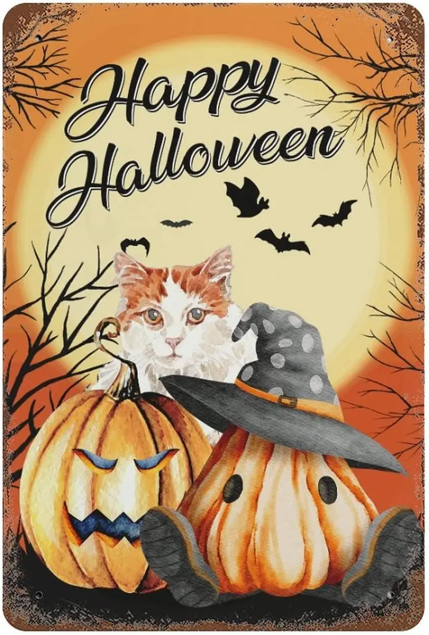 Metl Sgns Funny Hppy Hlloween Tn Sgn 812 n Blck Ct Pumpkn Bt Wll Decor Vntge Br Resturnt Decorn
