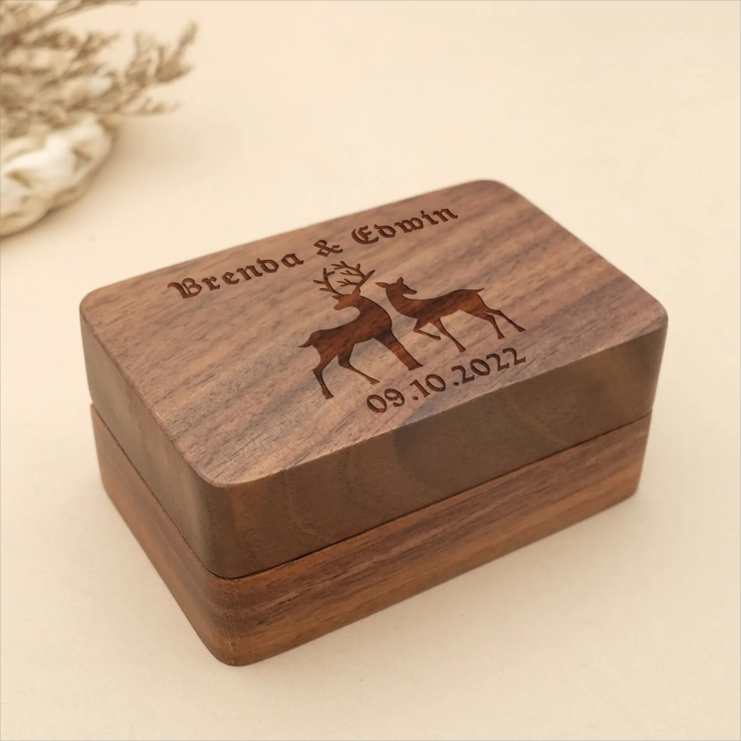 

Custom Engagement Rings Box Personalized Wedding Ring Bearer Wood Jewelry Storage Ring Holder Engraved Names Date Proposal Gifts