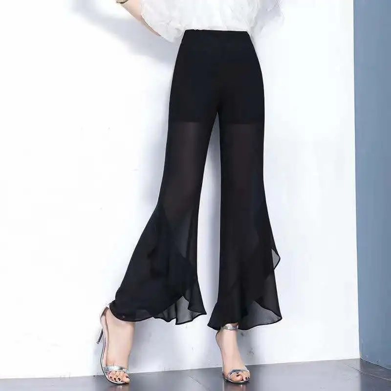 Sexy Flared Pants Women Ice Silk Flare Leggings Chiffon Black Bell Pants Woman Trendeez Fashion Fluid Long Tulle Trousers Casual images - 6