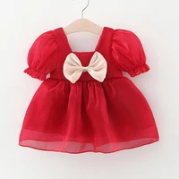 summer newborn baby girl boutique clothes korean fashion kids party dress cute bow short sleeve mesh red princess dresses bc2248